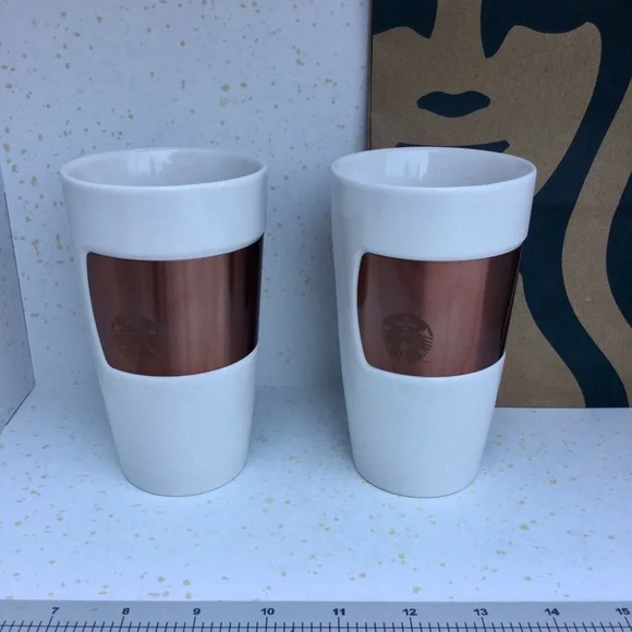 Starbucks Copper Band Tumbler Mug Ceramic 2012 White 10 Oz Mermaid Logo Cups - Picture 9 of 9